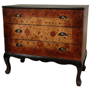 Console Table, Cabriole Legs With Patterned Storage Drawers, Faux Leather Finish