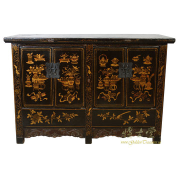 Consigned Antique Chinese Gilt Black Twin Cabinet/Buffet Table, Siderboard