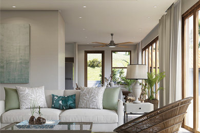 Living room - mid-sized coastal white floor, tray ceiling and porcelain tile living room idea in Other with beige walls