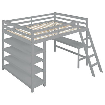 Full Loft Bed, Pine Wood Frame With Integrated Desk, Large Shelves, Gray