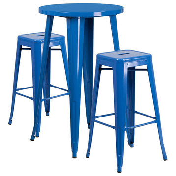 3 Pieces Patio Bistro Set, Round Table With Backless Square Bar Stools, Blue
