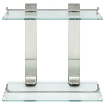 MODONA's 13.75" Double Glass Wall Shelf With Rail, Satin Nickel