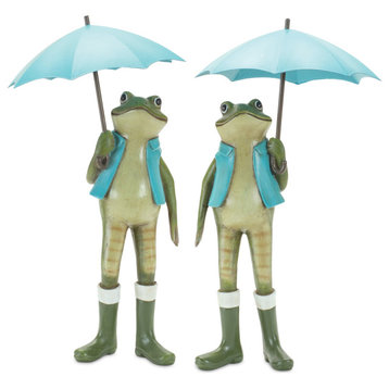 Frog With Umbrella, 2-Piece Set, 11"H Resin