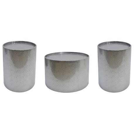 Chloe Modern Round 3-Piece Iron Accent and Coffee Table Set, Silver