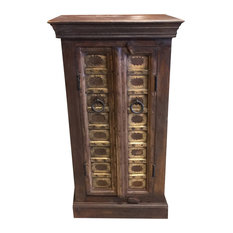 Mogul Interior - Consigned 2 Antique Nightstands Brass Sheet Design Doors Side Table, Bar Cabinet - Wine and Bar Cabinets