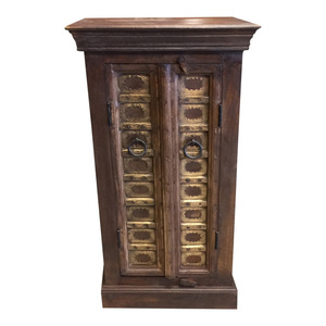 Mogul Interior - Consigned 2 Antique Nightstands Brass Sheet Design Doors Side Table, Bar Cabinet - Wine And Bar Cabinets