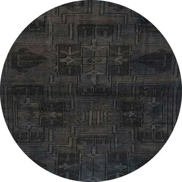 Machine Washable Area Rug, Black Abstract Pattern Chenille Polyester, 8' Round