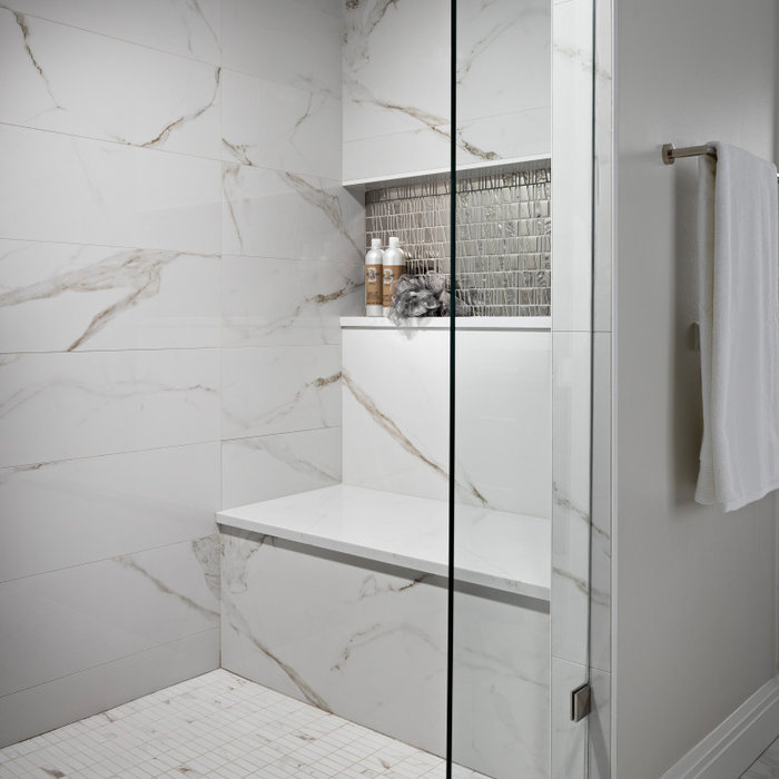 Inspiration for a large modern master white tile and porcelain tile porcelain tile, white floor and double-sink bathroom remodel in Detroit with recessed-panel cabinets, dark wood cabinets, a one-piec