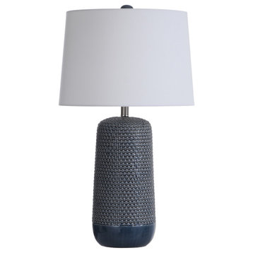 Galey Woven Wicker Textured Design Table Lamp With Tapered Drum Shade, Navy Blue