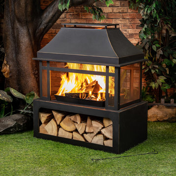 40" Rectangular Outdoor Metal Woodburning Fireplace, Log Storage