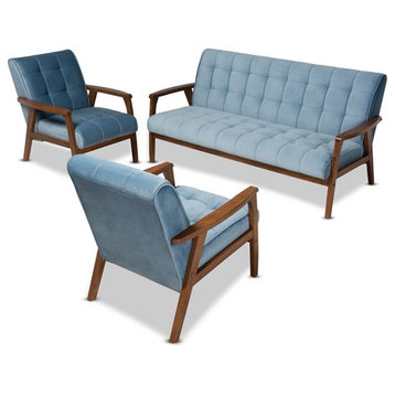 Baxton Studio Asta Light Blue Velvet Upholstered Wood 3-Piece Living Room Set