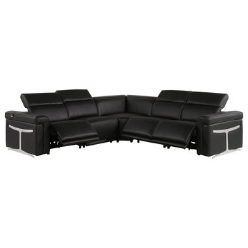 Giovanni 5-Piece 3-Power Reclining Italian Leather Sectional, Black