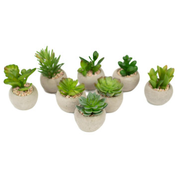 Green Mini Succulents Round Cement Pots Faux Floral, 8-Piece Set