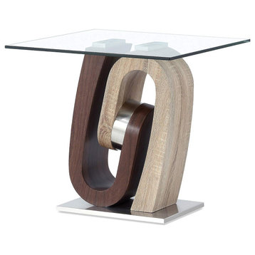 End Table, Unique Design With Pedestal Base & Glass Top, Walnut/Oak Finish