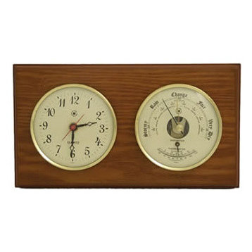 Brass Quartz Clock and Barometer/Thermometer on Oak