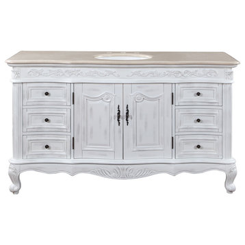60 Inch Large Distressed White Bathroom Vanity, Single Sink, Marble, Traditional