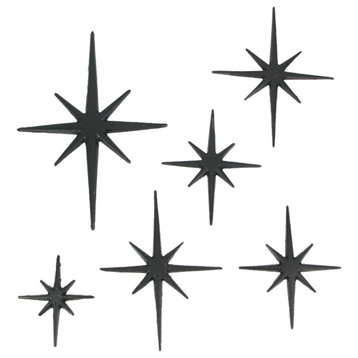 Set of 6 Black Cast Iron Starburst Wall Hangings Mid Century Modern 8 Pointed S