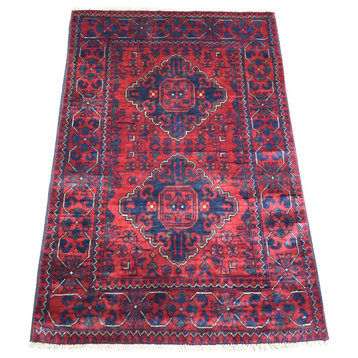 Deep and Saturated Red, Pure Wool Hand Knotted, Afghan Khamyab Rug, 2'6"x3'10"
