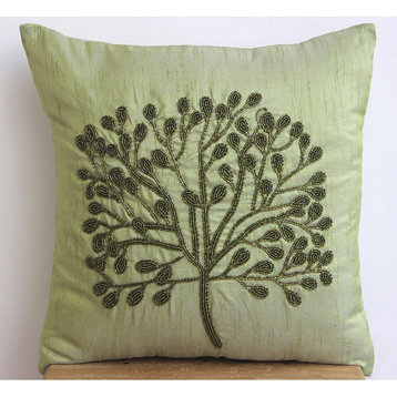 Green Art Silk 18"x18" Green Beaded Tree Pillows Cover, Green Tree