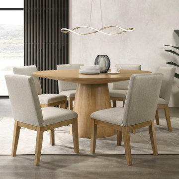 Jasper Driftwood Finish 7PC 59"W Round Dining Table Set with Beige Fabric Chairs