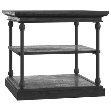 Side Table, Metal Support With Crown Molded Top & Bottom Shelves, Black