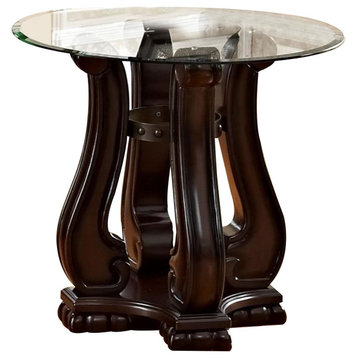 End Table With Round Glass Top And Scrolled Body, Brown