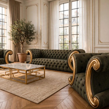 Luxury Solid Teak Wood Tufted Sofa Set | Ornate European Classic Living Room