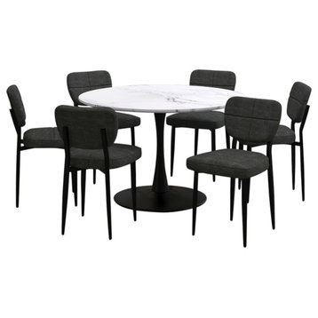 7-Piece Dining Set, Faux Marble and Black Table With Charcoal Chair