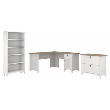 Salinas L Desk with File Cabinet & Bookcase in White/Shiplap - Engineered Wood