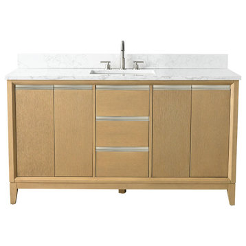 Bath Vanity, Sink, Engineered Marble Top, Natural Oak, 60" (Double Sink)