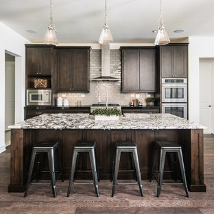 75 Beautiful Kitchen With Brown Cabinets And Gray Backsplash