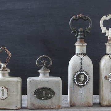 Glass Bottle With Pewter Extras, Set of 2