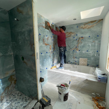 Bathroom Remodel; Huge Blue Tiles; Luxury shower and tub