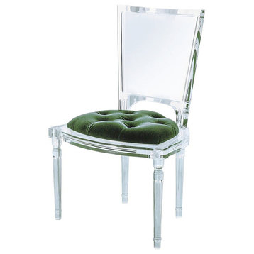 Marilyn Acrylic Side Chair, Ghost Clear Plastic Dining Chair, Tufted Seat, Green