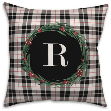 Black Plaid Monogram Wreath R 18x18 Spun Poly Pillow