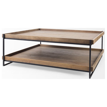 Trey Medium Brown Solid Wood w/Black Metal Frame Two-Tier Square Coffee Table