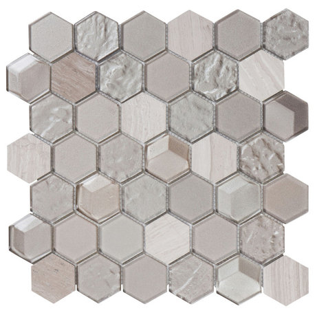 Hexagon Gray White Oak Marble Metal Gray Glass Mosaic Tile, 13"x13", Set of 5
