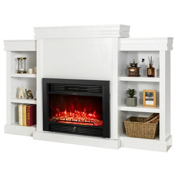Traditional TV Stand, Crown Molded Top With Fireplace & Side Open Shelves, White