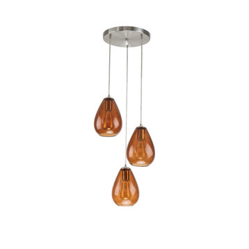 3-Light Brushed Nickel Pendant Ceiling Fixture With Amber Glass Shade