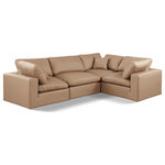 Meridian Furniture - Comfy Upholstered L-Shaped Modular Sectional, Tan, 4-Piece: 1 Armless Chair, 3 Corner Chair, Vegan Leather - Give your space a whole new look with this tan Comfy vegan leather sectional. This handsome sectional fits nicely with other items in the Comfy collection and is a versatile seating option designed for adaptability, comfort and style. Wrapped in rich tan durable vegan leathered upholstery, this sectional offers a plush embrace of overstuffed down feather cushions, carefully crafted to deliver the highest level of comfort. The perfect seat for creating an oasis for relaxation, this sectional has thick foam surrounding its frame for added support and coziness.