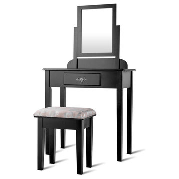 Costway Vanity Dressing Table Set W/Square Mirror Stool 1 Large Drawer Black