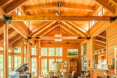 Mountain style open concept living room photo in Portland Maine with a music area