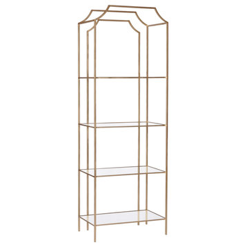 89" Gold Metal Chinoiserie Shelf With Glass Shelves