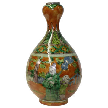 Chinese Yellow Copper Ceramic People Graphic Painting Pear Vase Hws1276