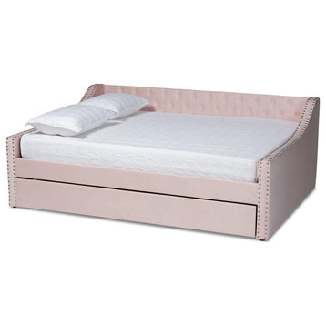 Shona Modern Velvet Upholstered Trundle Daybed, Pink, Full Size