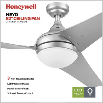 Honeywell Neyo Modern Ceiling Fan With Remote, 52", Pewter