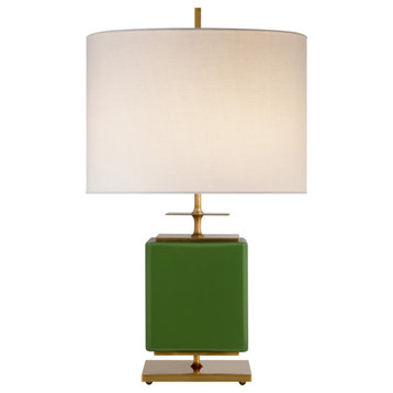 Beekman Small Table Lamp in Green Reverse Painted Glass with Cream Linen Shade