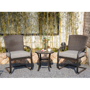 3 Piece Patio Set, Wicker Covered Frame and Cushioned Chairs, Brown