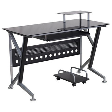 Flash Black Glass Computer Desk/Pull-Out Keyboard Tray and CPU Cart