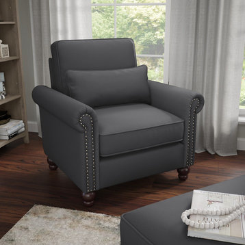 Accent Chair, Lumbar Pillow and Nailhead Rolled Arms, Charcoal Gray Herringbone